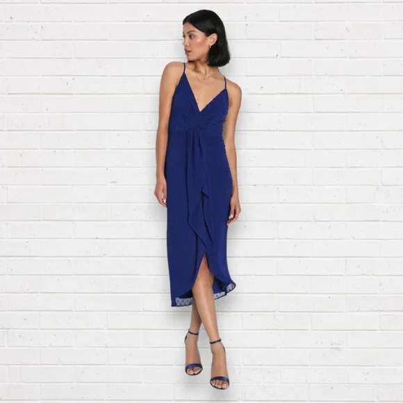 NWT LULU'S Stylish Invite Dark Blue Swiss Dot Surplice Midi Tulip Lulu Dress L - Picture 5 of 11